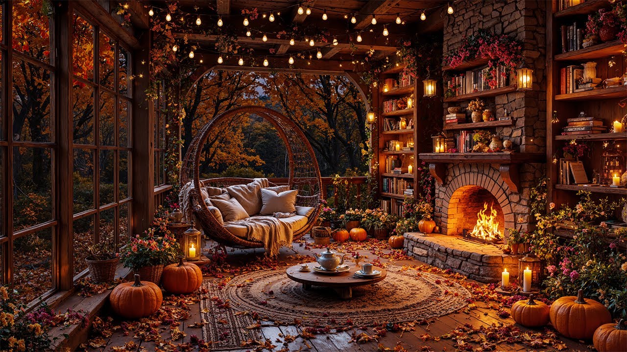 Autumn Jazz Vibes with Rain & Fireplace Warmth 🍂 Cozy Porch Ambience for Relaxation & Creative Flow