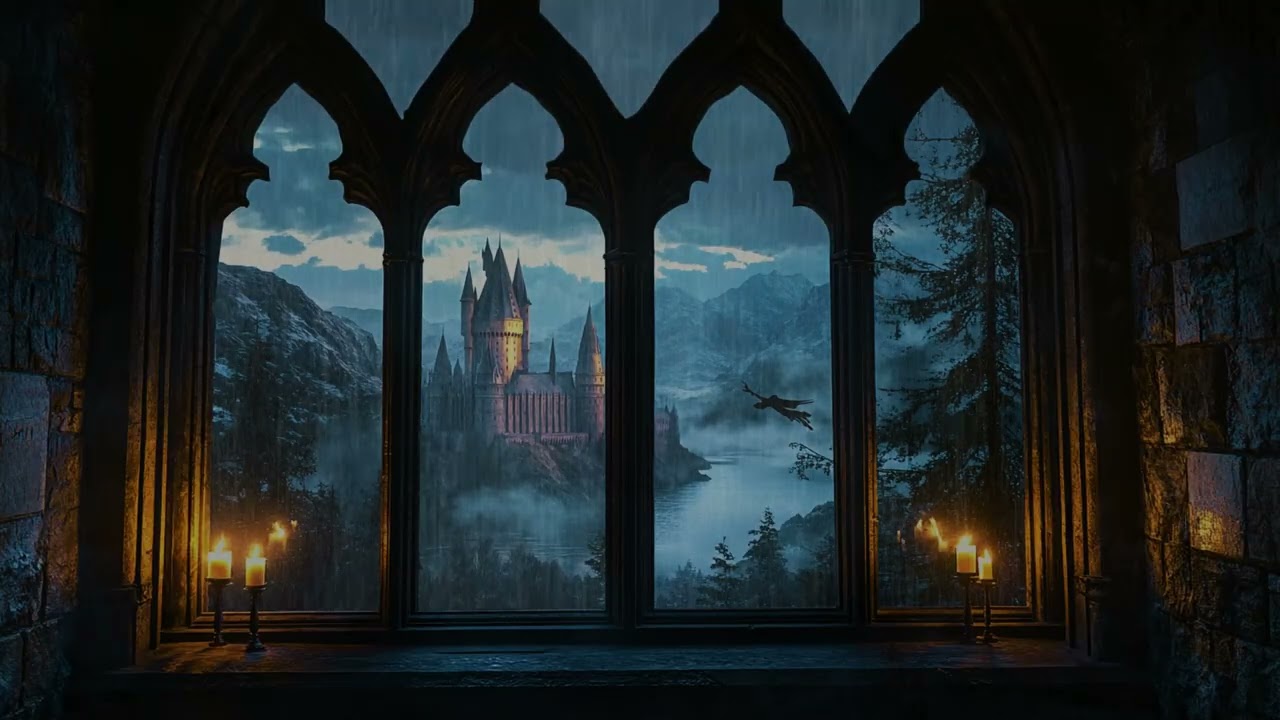 Rainy Hogwarts Castle Window View Magical Night Ambience, Flying Broom Deep Sleep Sounds Relaxing