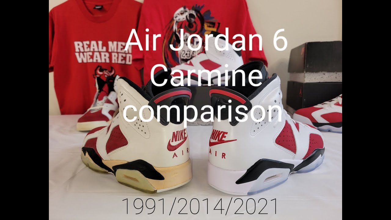 Air Jordan 6 Carmine comparison 1991/2014/2021