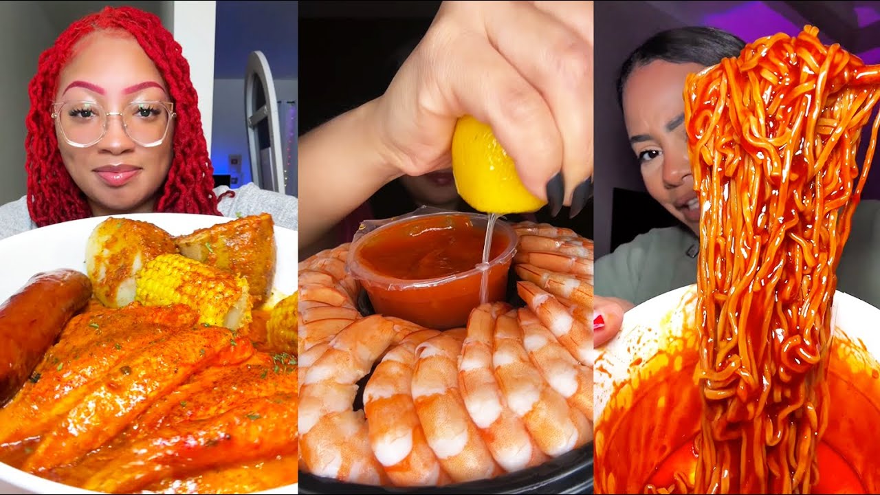 Вкуснейшие блюда в мукбанге | Имитация крабового мяса, коктейль из креветок, острый булдак, луков...