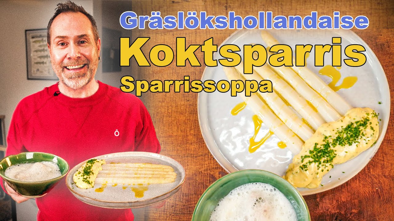 Vit sparris med gräslökshollandaise och sparrissoppa