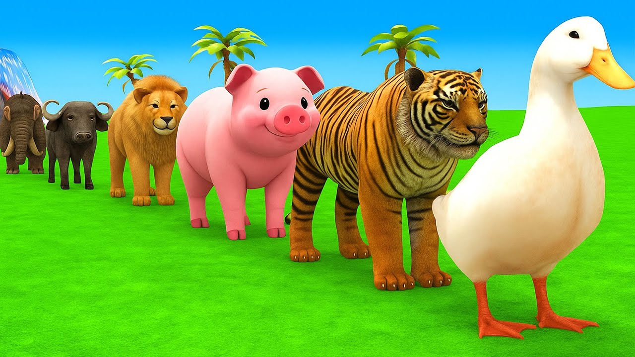 Long Slide Game With Cow Elephant Gorilla Hippopotamus Tiger - 3d Animal Game - Funny 3d Animals