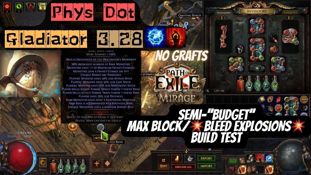 3.28 Phys Dot Gladiator Max Block 8Mod 16.5 Build Test ,💥Bleed Pops💥, Path Of Exile Mirage League