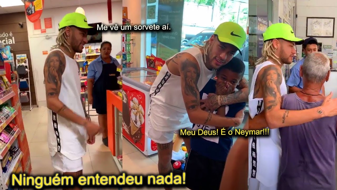 Neymar aparece em posto de gasolina de p&eacute;s descal&ccedil;os pra comprar sorvete e chama aten&ccedil;&atilde;o