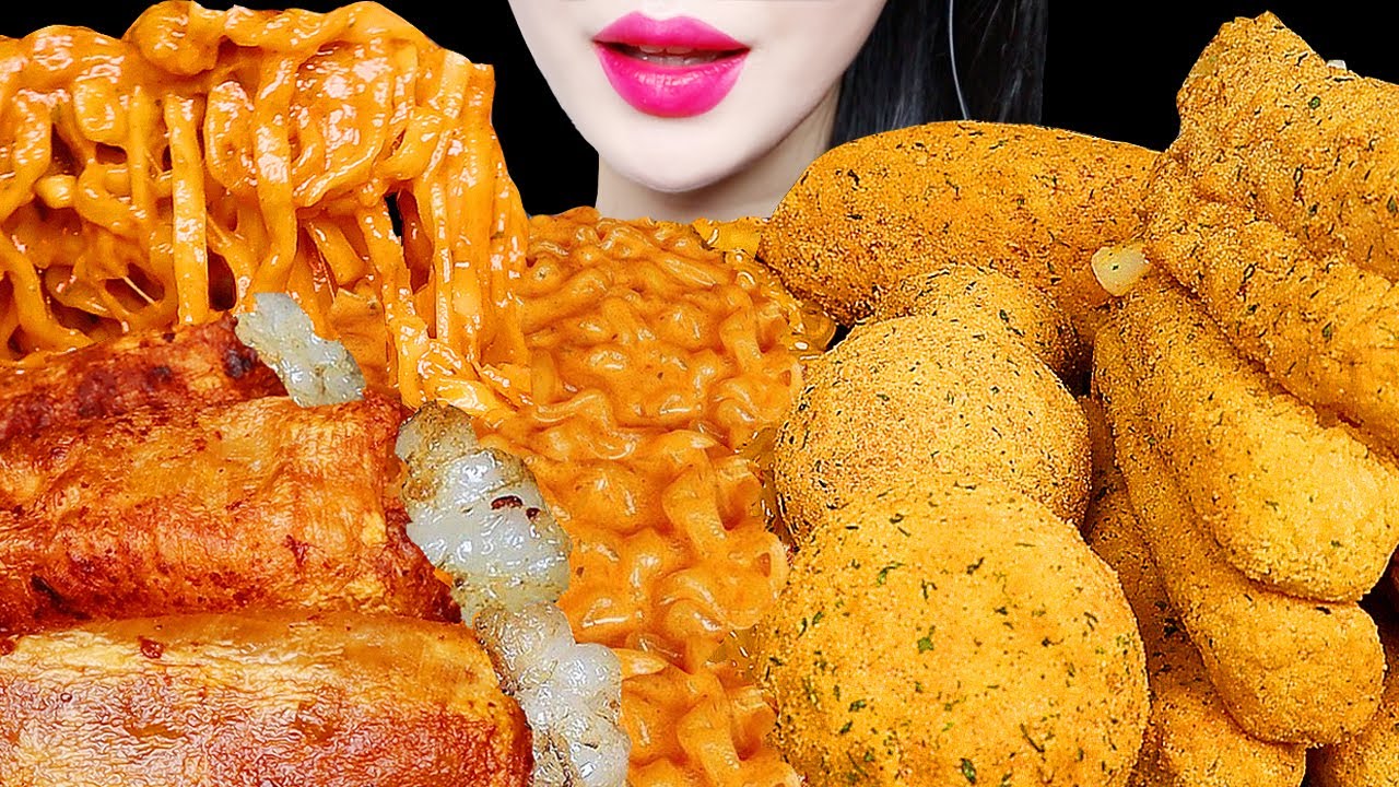 ASMR CHEESY CARBO FIRE NOODLE, CHICKEN, CHEESE BALL 까르보불닭 뿌링클 치킨 치즈볼 먹방 EATING SOUNDS MUKBANG