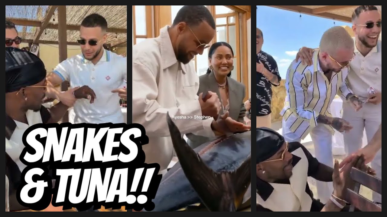 Steph+Ayesha Curry @ BottleRock then carve tuna; Jimmy Butler recoils at snake @ J Balvin magic show