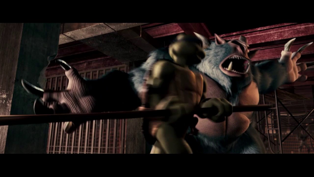 The Teenage Mutant Ninja Turtles are fighting with monsters on the construction site in the night