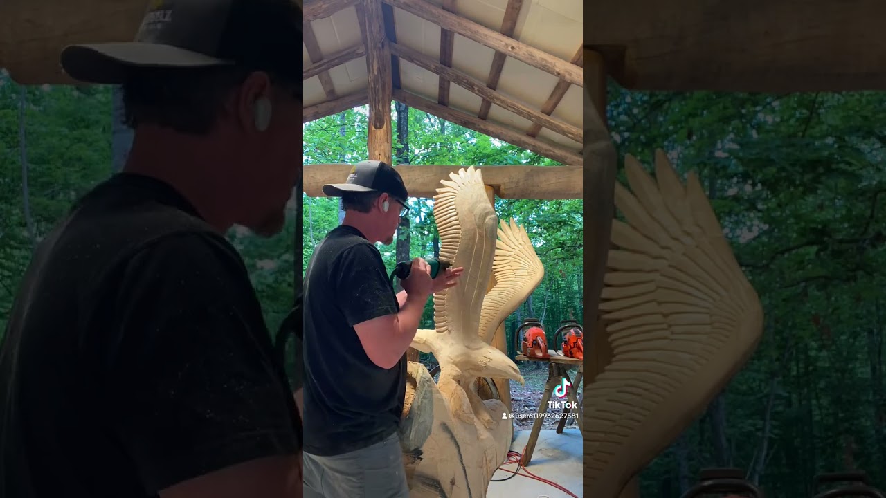 Detailing Feathers on Bald Eagle Chainsaw Carving