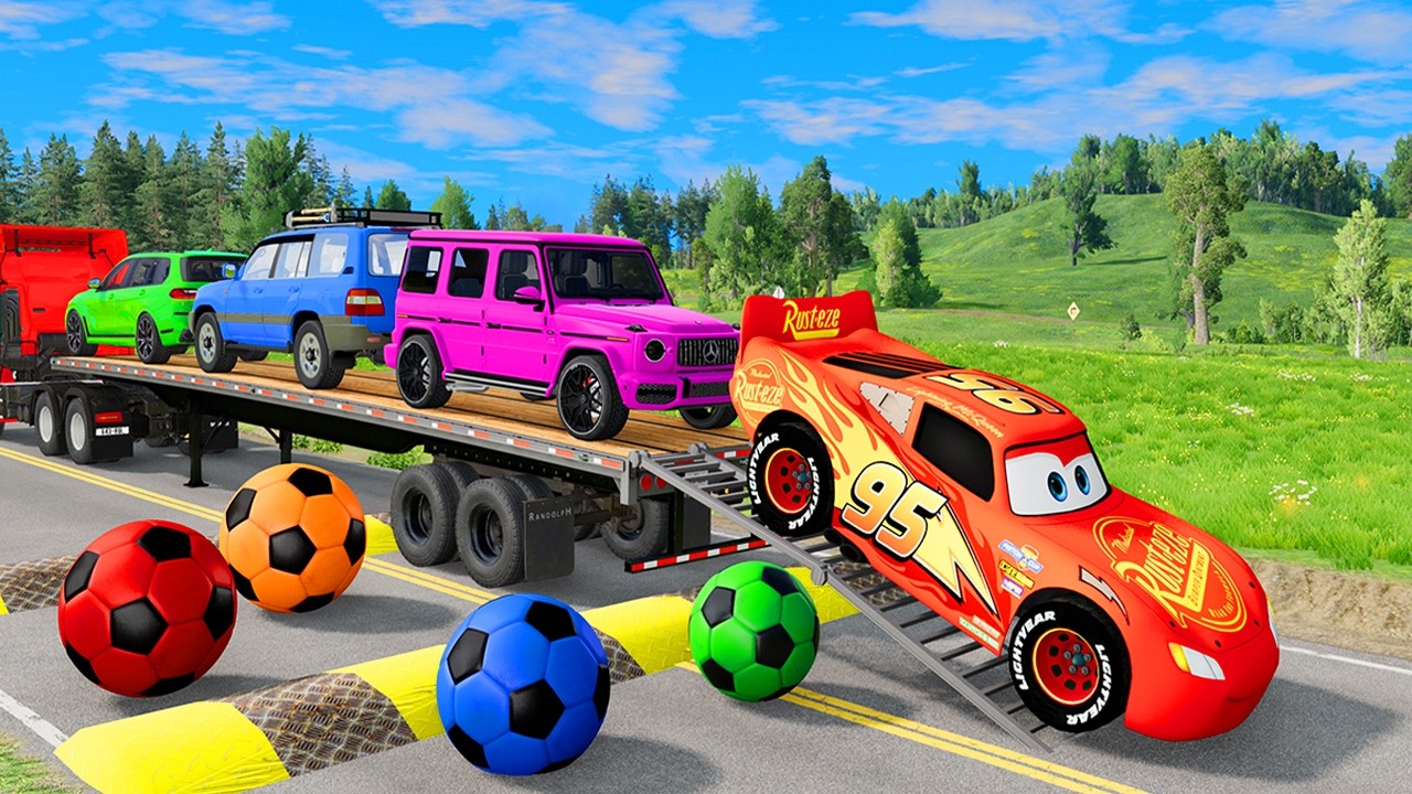 Flatbed Trailer McQueen Transportation with Truck - Speedbumps vs Cars vs Train - BeamNG.Drive #16
