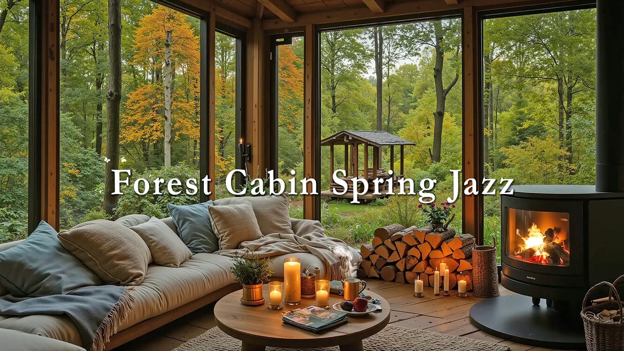 Forest Cabin Spring Jazz ☕ Cozy Fireplace, Fresh Woods & Relaxing Smooth Jazz