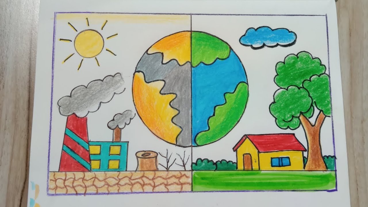 Save Earth Drawing | Pollution vs Green Nature Drawing | Easy Poster Drawing