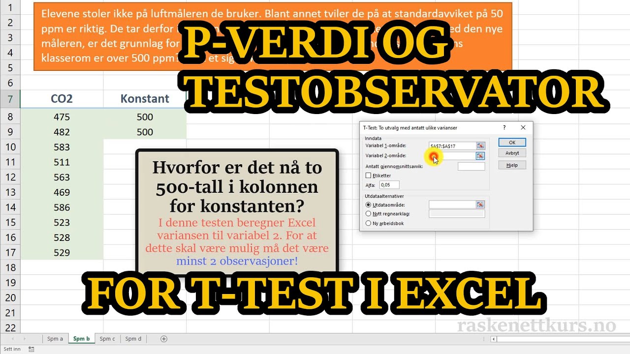 Eksempel: P-verdi og testobservator for T-test i Excel
