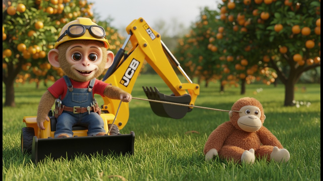Monkey PUNCH Uses a JCB to Pull a Stuffed Orangutan in an Orange Garden Fun