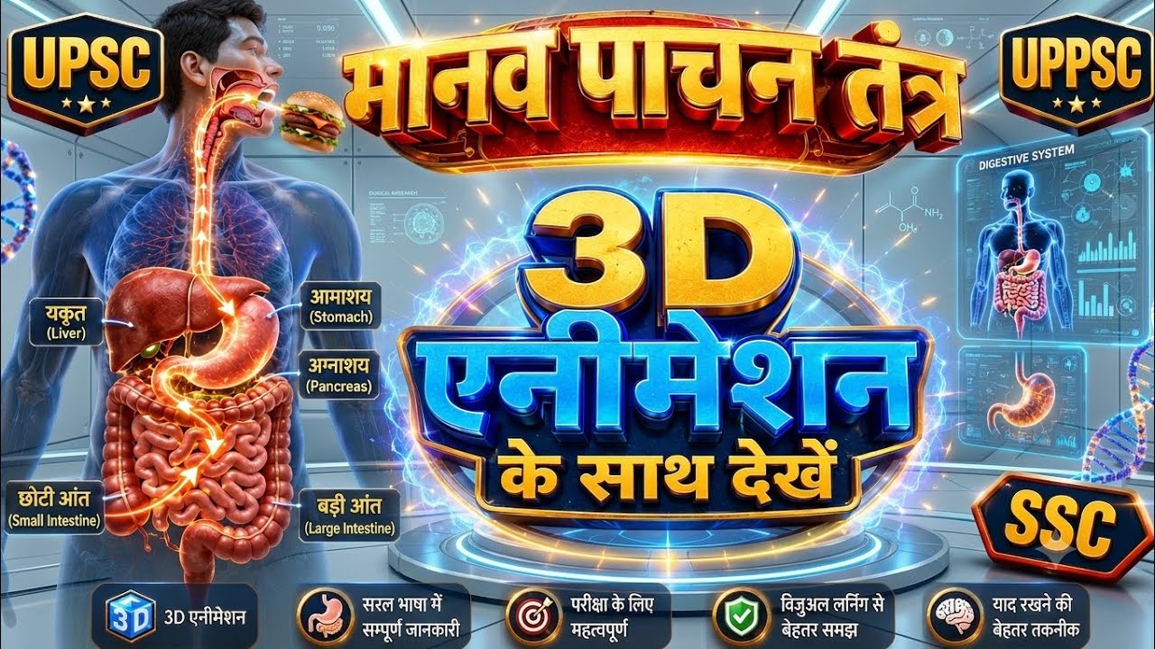 मानव पाचन तंत्र 3D | Digestive System in Hindi | मुख से गुदा तक भोजन की यात्रा | UPSC, UPPSC, SSC
