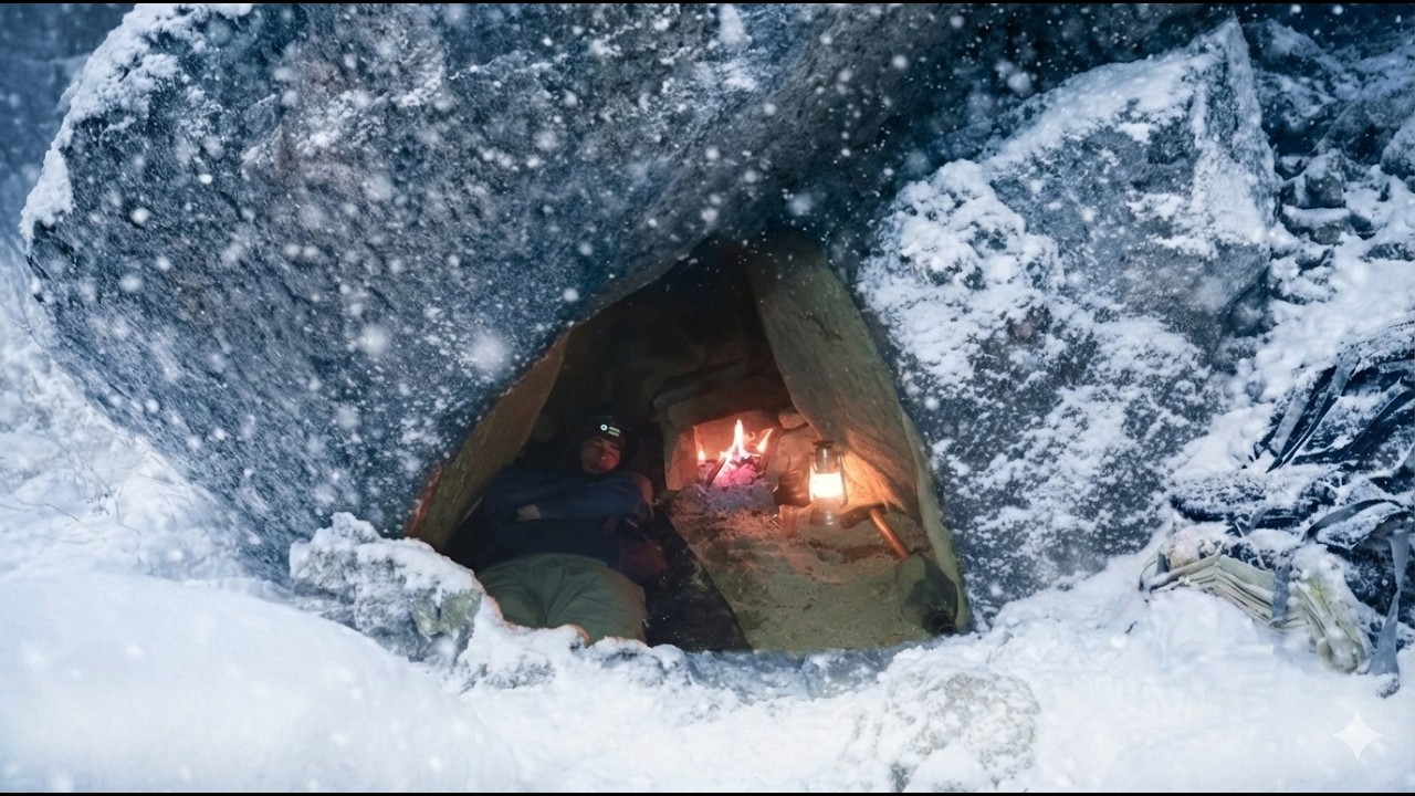 Bushcraft in Extreme Winter Cold | Stone Cave Shelter Survival in Snow & Heavy Fog