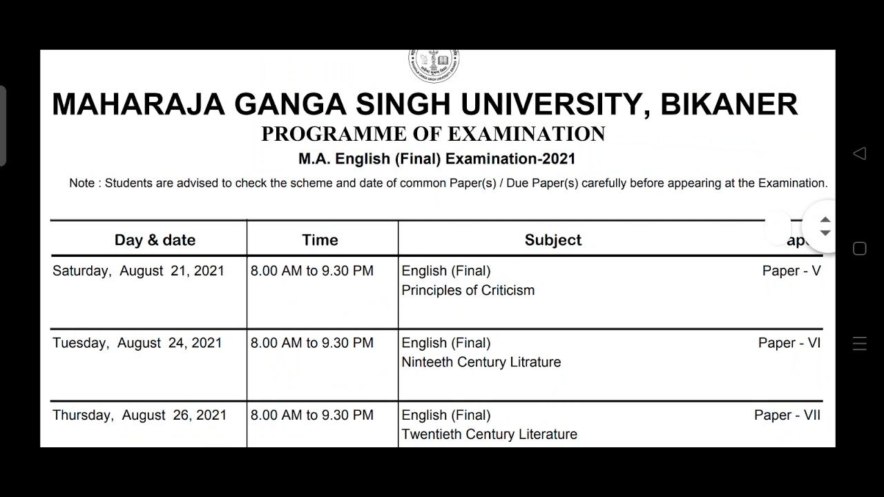 #MGSU M.A. (ENGLISH) FINAL YEAR EXAM TIME-TABLE, 2021 ||