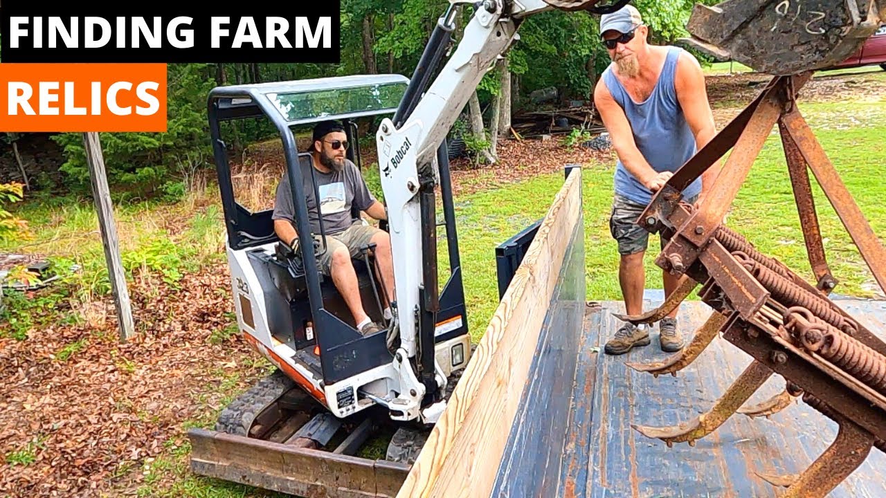 Mini Bobcat Pulls Old Farm Equipment from Barn + Woods - Bobcat 323 Mini Excavator Bought at Auction