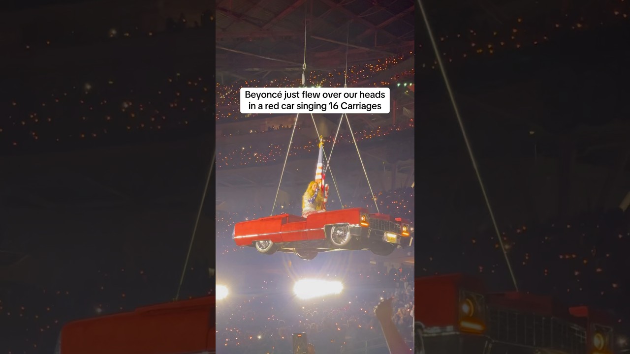 Beyonc&eacute; flying in the sky and a red convertible during her cowboy Carter concert