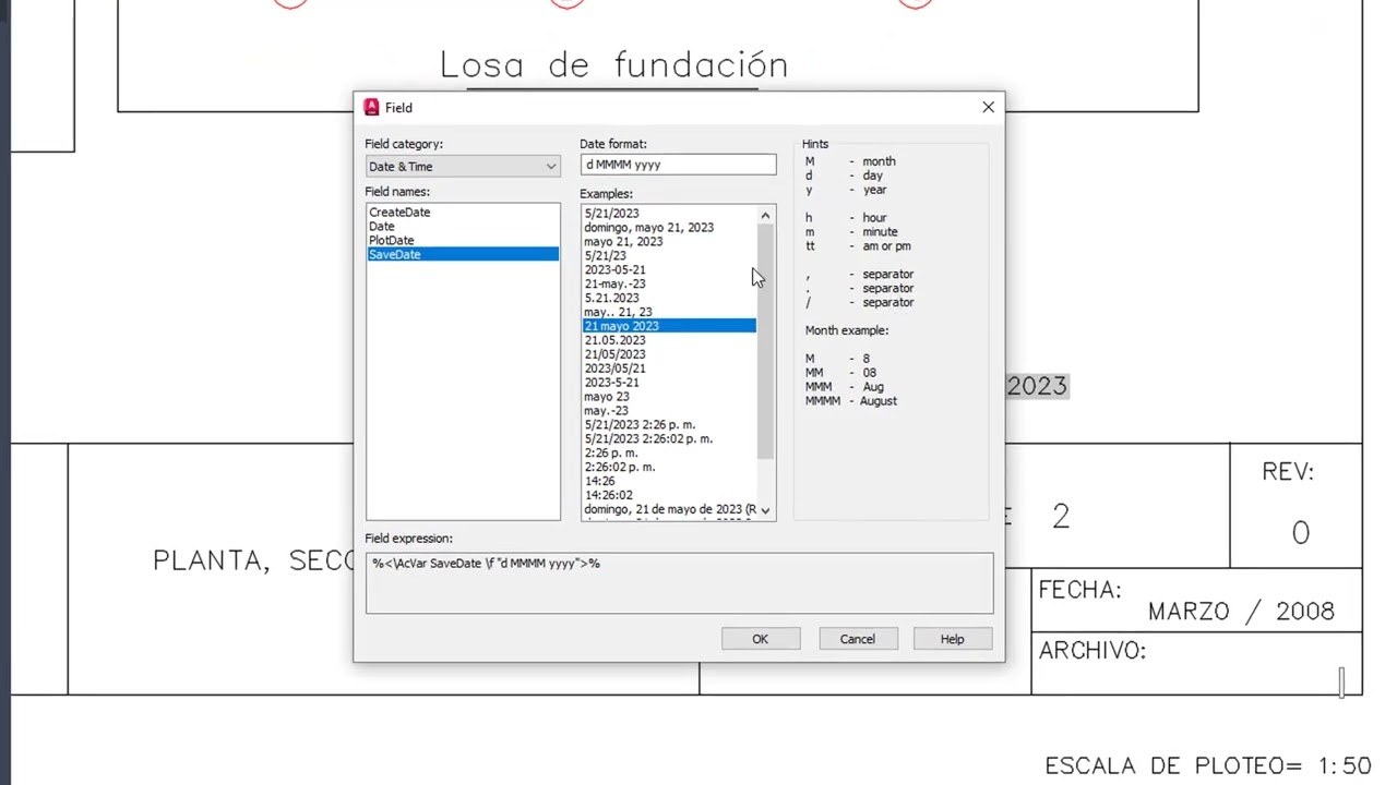 AutoCAD texto con campo automatico FIELD
