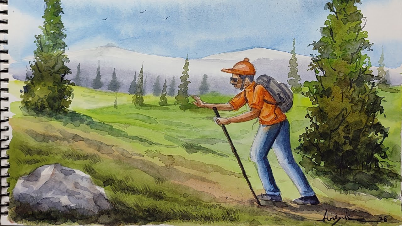 Mountain landscape painting /watercolor on paper..🖌️🎨/#watercolor #landscape #hills