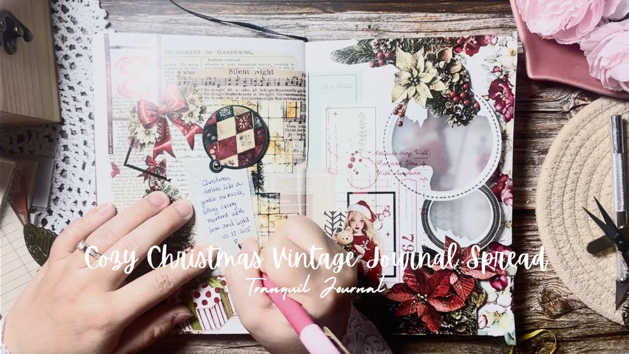 ASMR Journal | Cozy Christmas Vintage Journal Spread 🎄✨ | Relaxing Paper Sounds & Collage