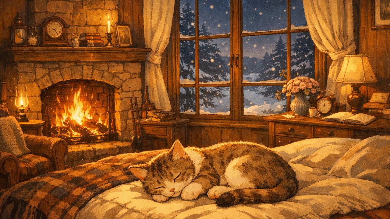 vintage oldies playing in another room and it's snowing (crackling fireplace & falling snow), Vol.