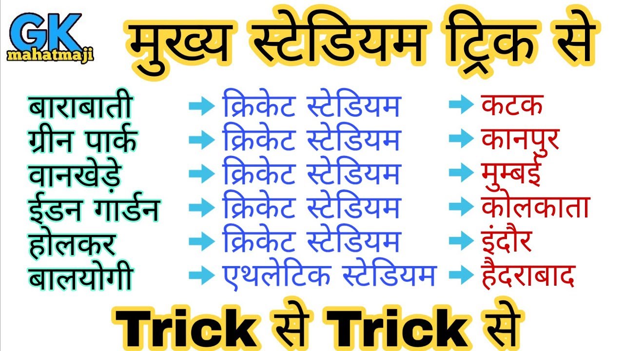 Gk Tricks | भारत के प्रमुख स्टेडियम | Stadiums of india | SSC, RPF, UP POLICE