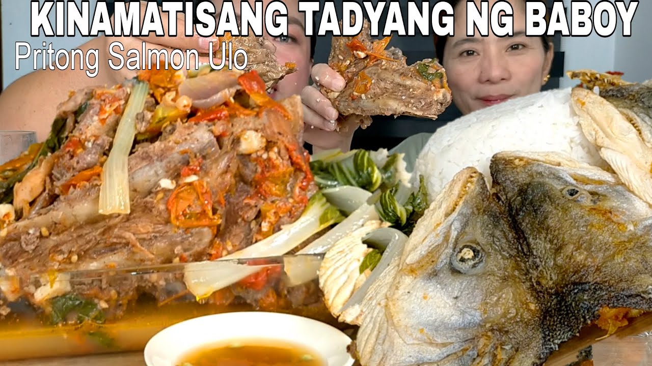 Kinamatisang Tadyang ng Baboy at Pritong Ulo ng Salmin | Filipino Food | Mukbang Philippines