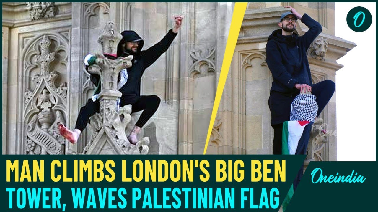 VIDEO| Man Climbs Big Ben Holding Palestinian Flag, Hours After Protestors Disrupt Trump Golf Course