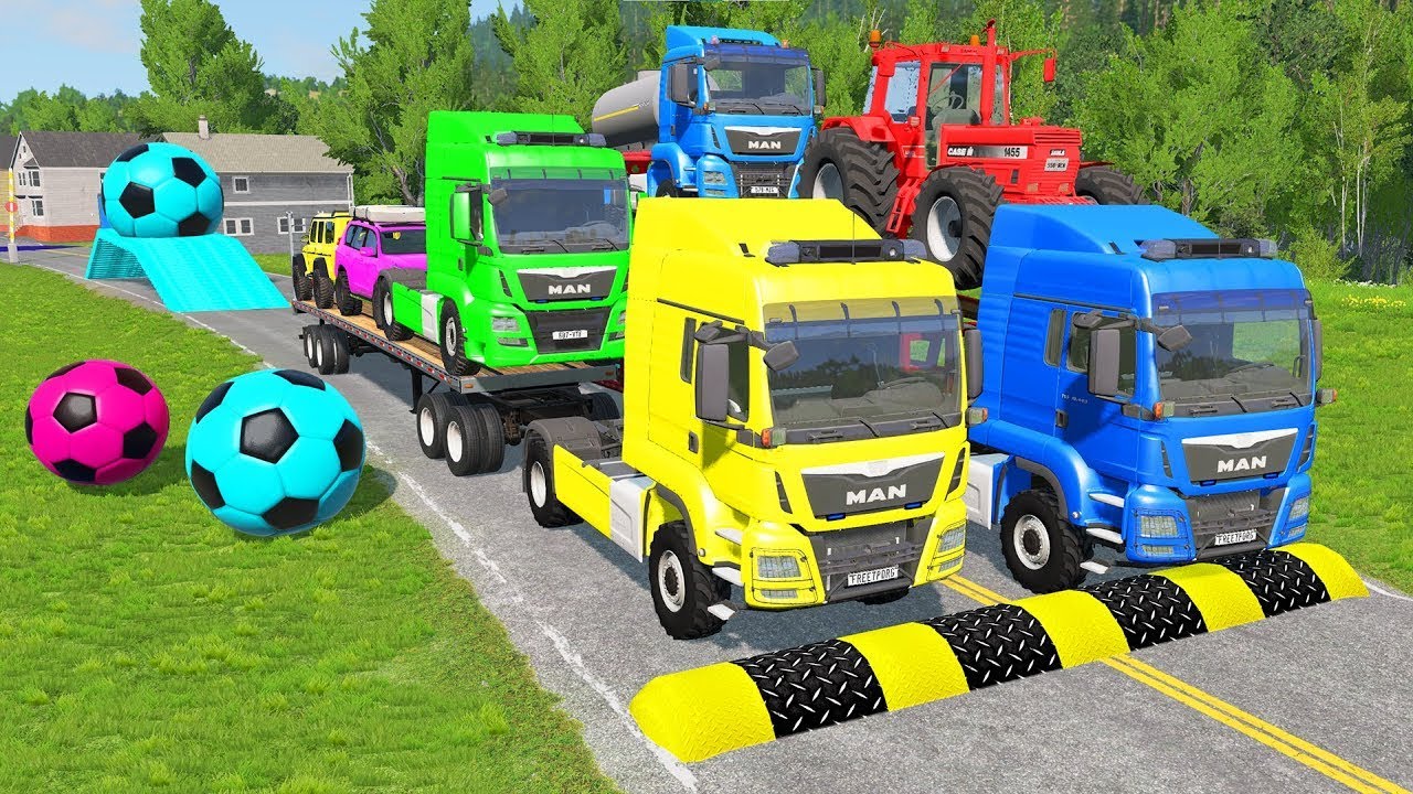 Triple Flatbed Trailer McQueen Transportation with Truck - Speedbumps vs Cars vs Train - BeamNG #6