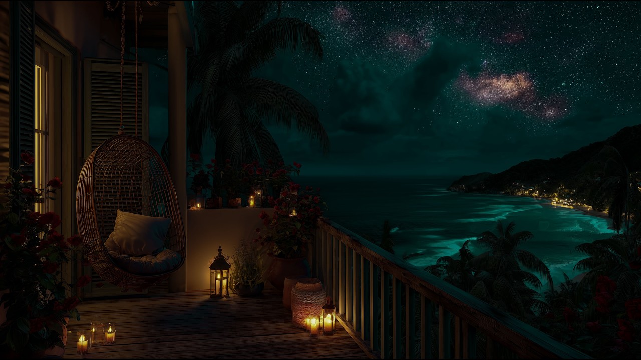 No Ads • Starlit Tropical Balcony 🌙 Gentle Piano for Deep Sleep & Relaxation | 1 Hour