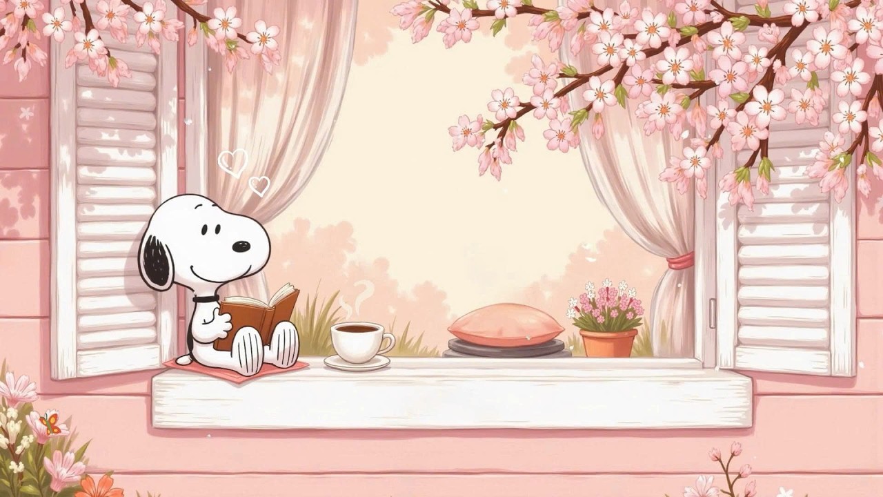 🌸 Snoopy Reading by the Blossom Window 📖☕ Gentle Morning Coffee | Calm Lofi for Focus & Relax
