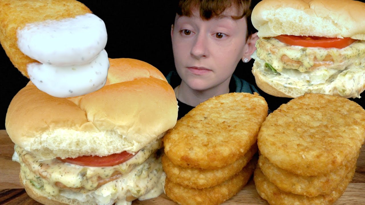 ASMR Salmon Sandwich & Hash Browns Mukbang [Eating Sounds / No Talking]
