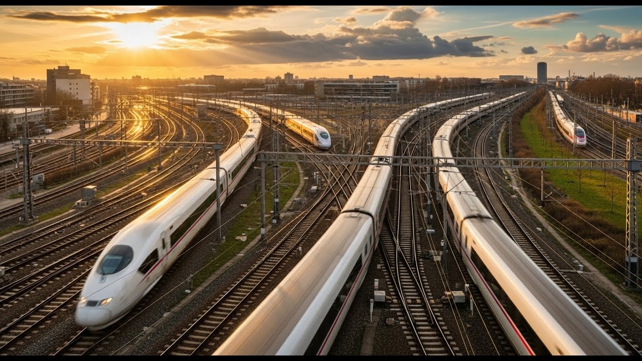 Epic Triple Train Crossing at High Speed 🚄 | Red, Teal & Yellow Trains in 8K