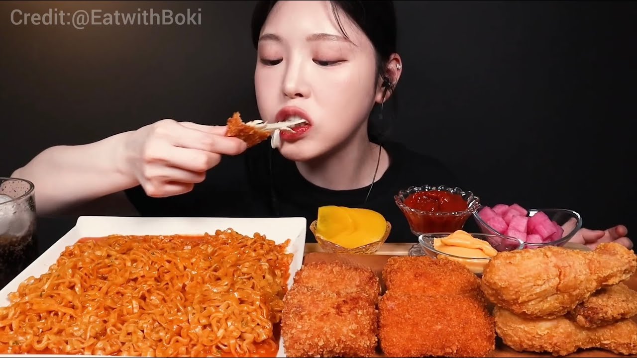 Mukbang spicy buldak noodle crunchy fried cheese & chicken big bites asmr compilation voll 26