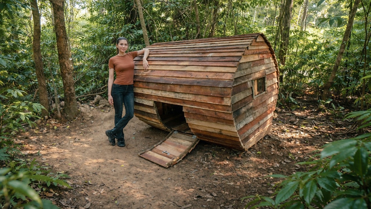 Amazing Girl Builds Cozy Wooden Survival Shelter in the Forest | Bushcraft & Off-Grid Living