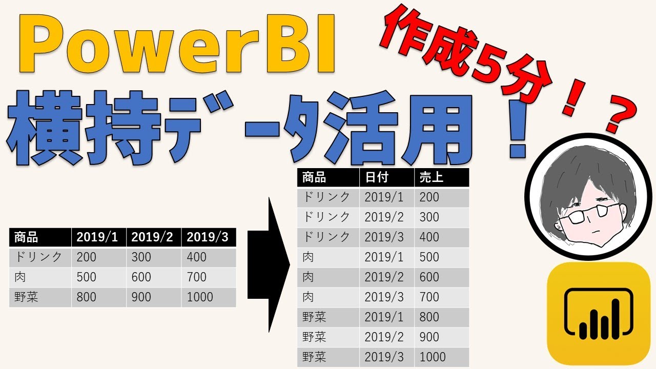 横長のテーブルを縦長に変換する方法【PowerBI】【エクセルでも可能】【PowerQuery】