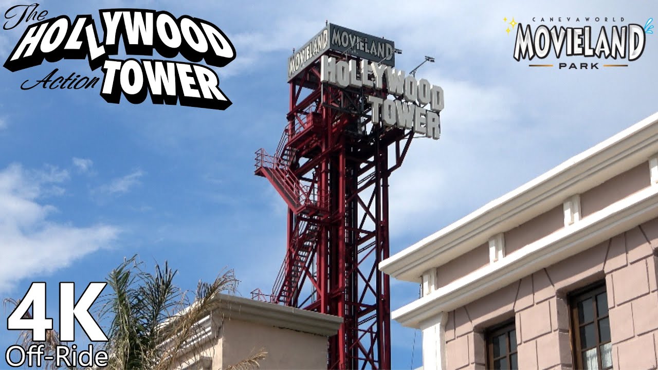 Hollywood Action Tower - 4K Off-Ride - Movieland Park - Intamin 1st generation drop tower- Cinematic