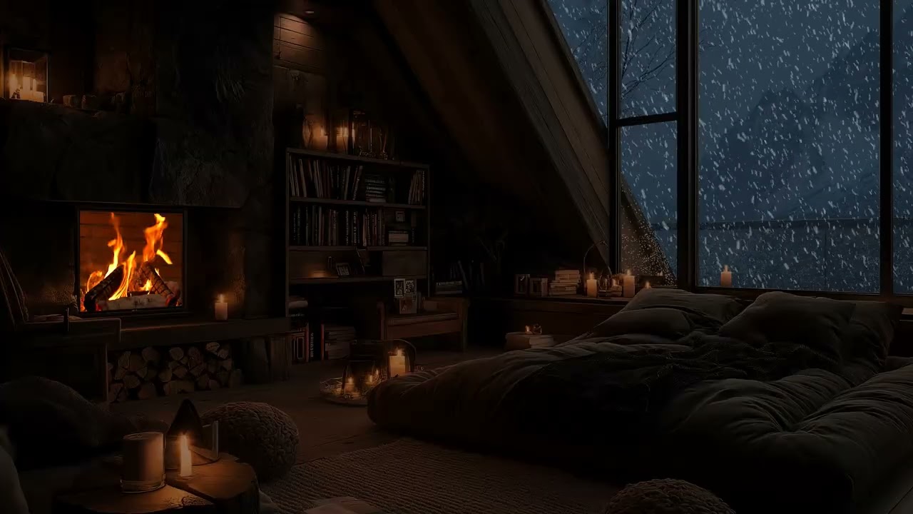 (No Ads) Cold Winter Wind Passing a Fireplace Cabin | Deep Calm Night Ambience