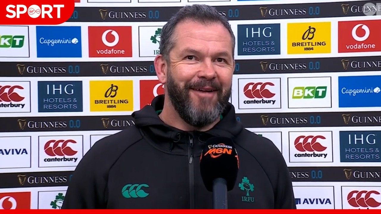 Ger Treacy chats to Ireland Head Coach Andy Farrell after a Round 2 win against Italy in Dublin