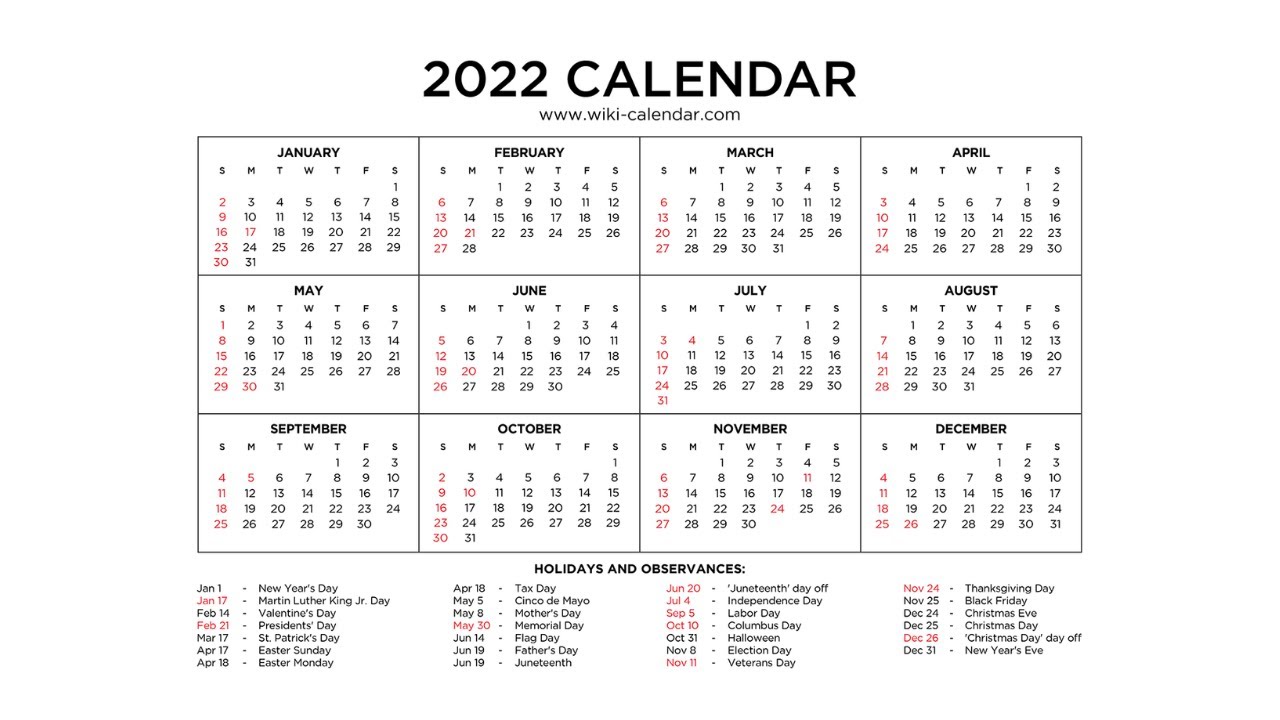 Year 2022 Calendar Printable with Holidays - Wiki Calendar