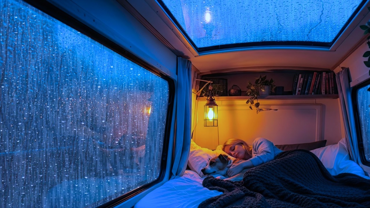 fall asleep straight away with the comfortable sound of rain and thunder in the camverpan car