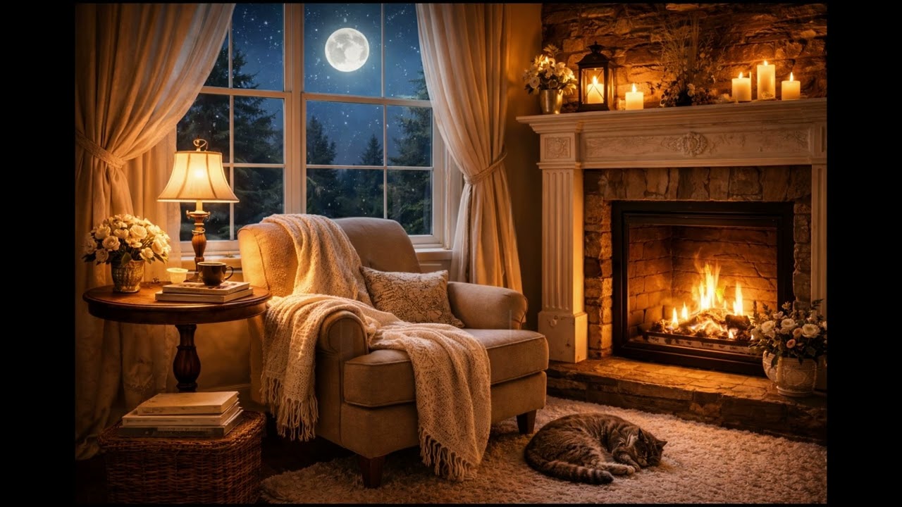 Full Moon Cabin Night 🌙 Cozy Fireplace, Sleeping Cat & Relaxing Woodland Ambience