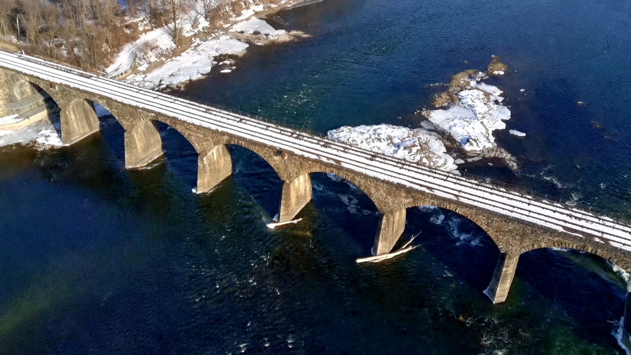 4K Drone Footage of the Shocks Mill Railroad Bridge Spanning the Susquehanna River in Lancaster, PA