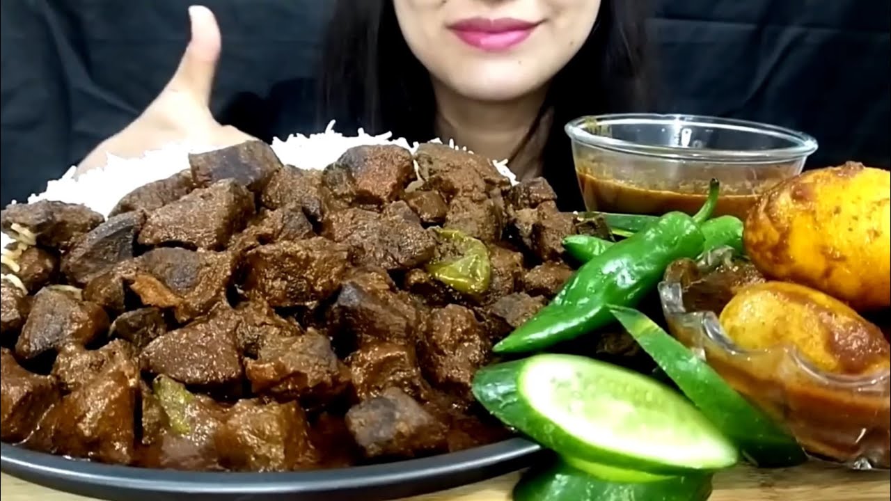 ASMR; EATING SPICY*MUTTON LIVER,MUTTON MASALA,EGGS,GREEN CHILLI,SALAD || REAL MUKBANG