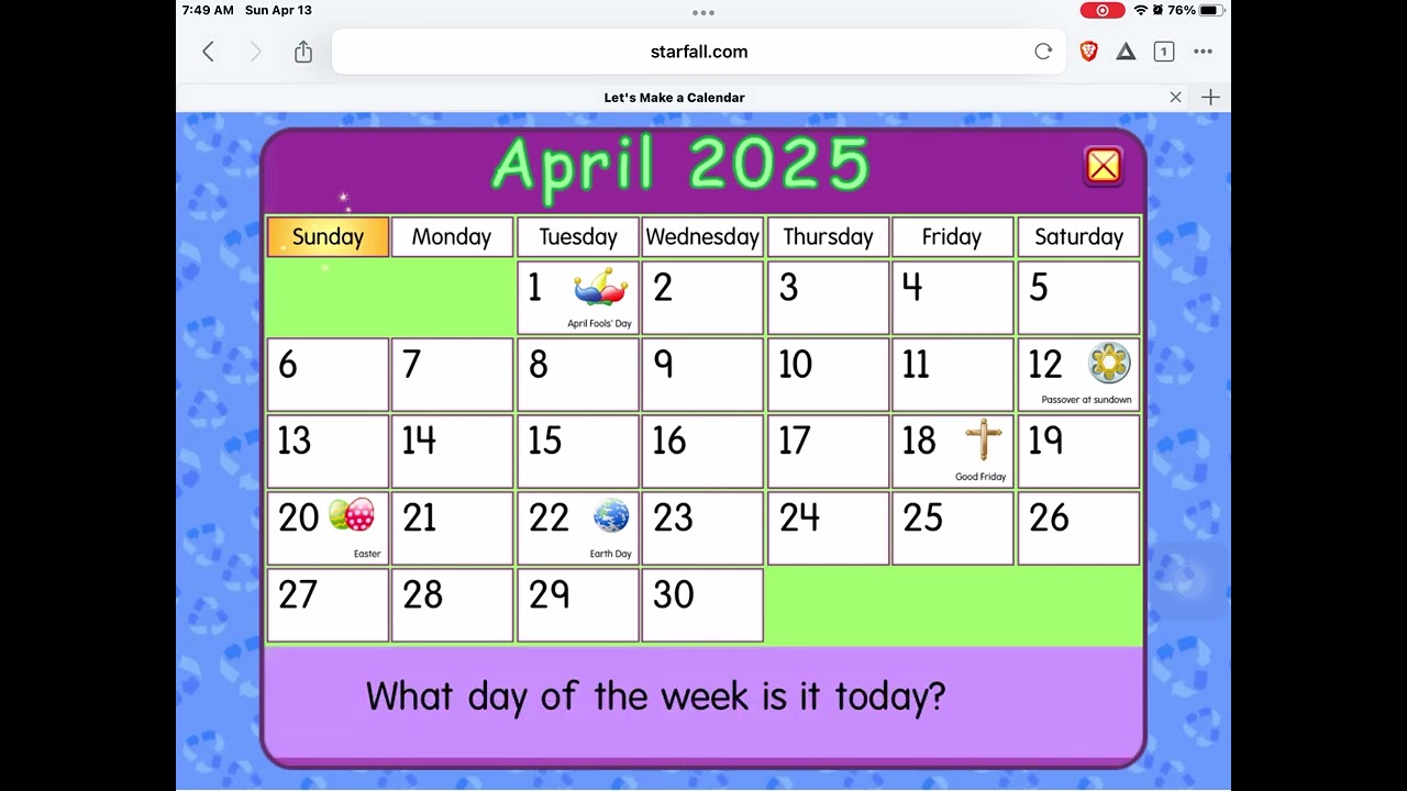 Starfall Daily Calendar - April 13, 2025