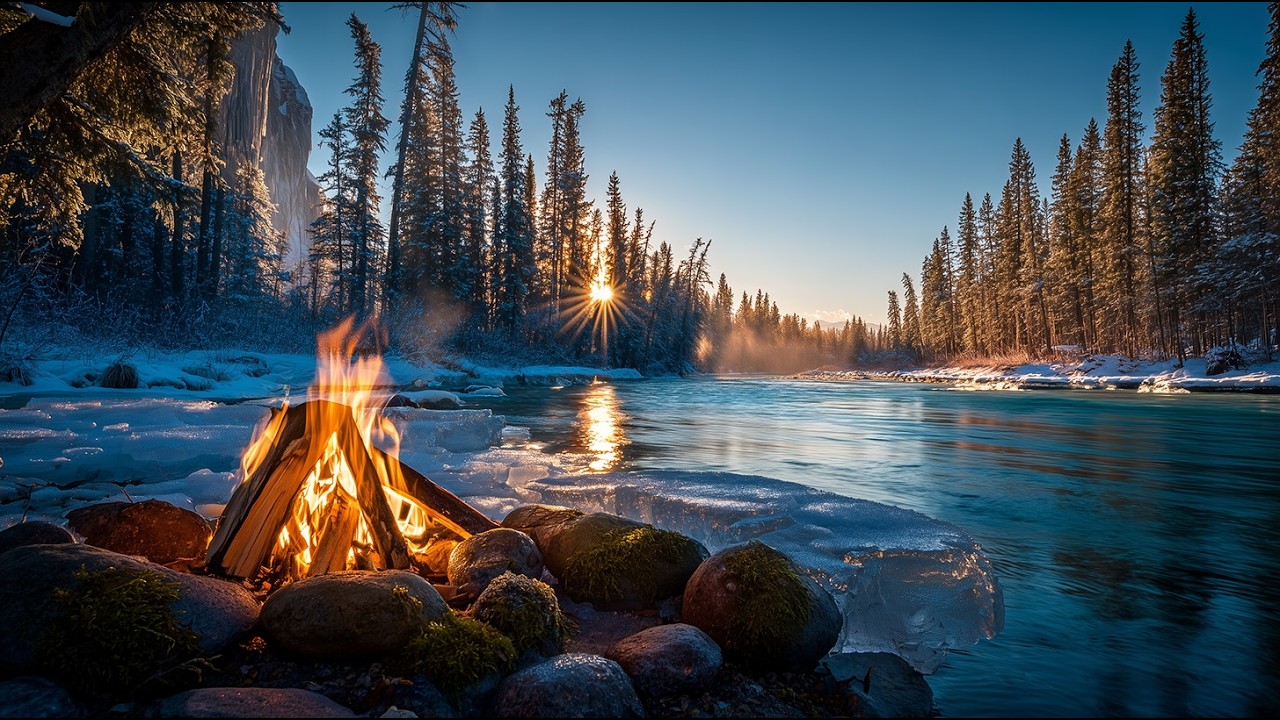 You Are Warming Up by a Campfire on a Frozen Riverbank 🔥 Winter Sunset Calm