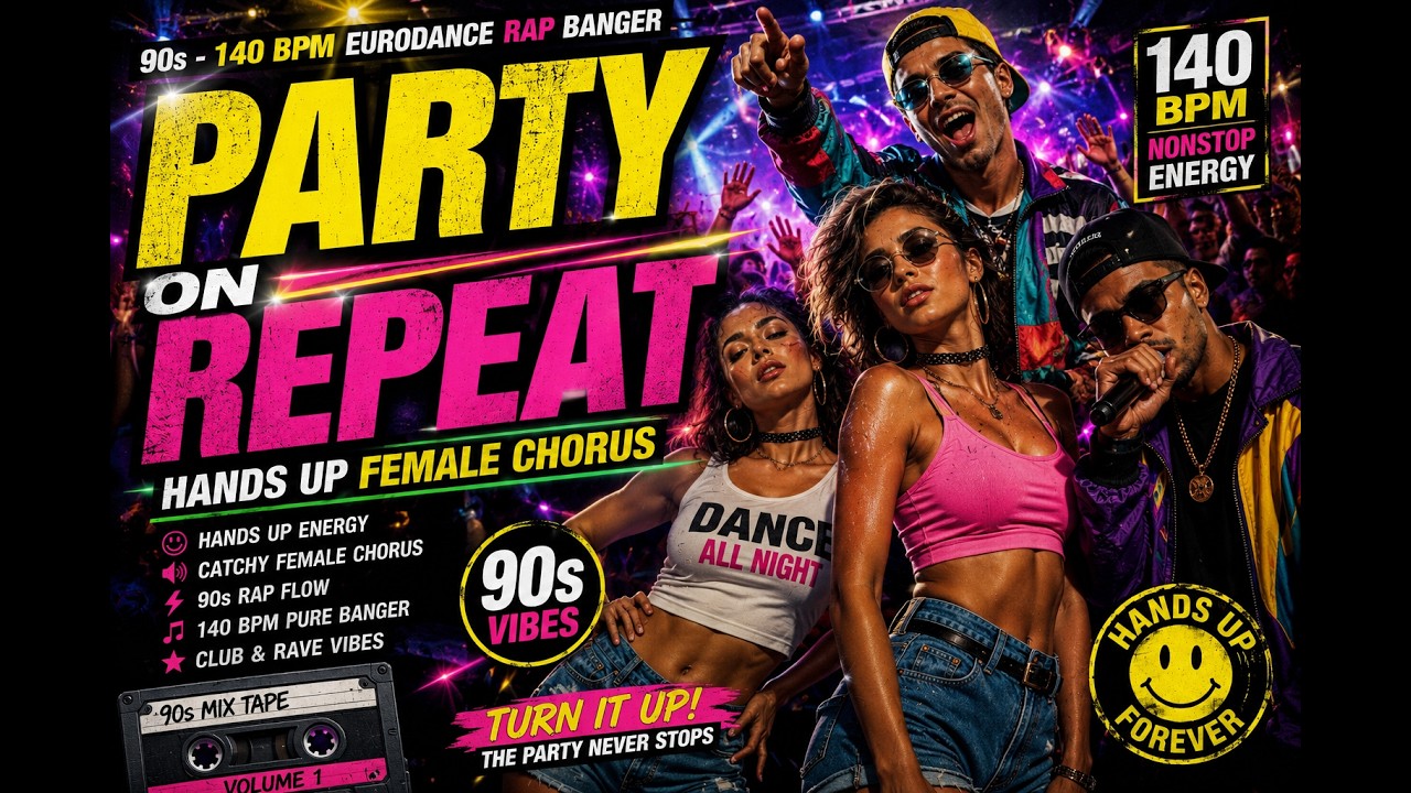 Party on Repeat – 90s -140 BPM Eurodance Rap Banger | Hands Up Female Chorus