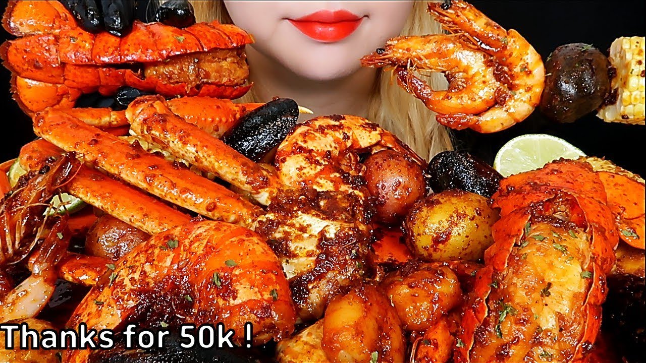 ASMR SEAFOOD BOIL (shrimp, lobster tail, snow crab, mussel, corn, potato) Mukbang Eating sounds