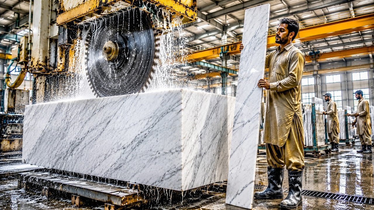 How Giant Marble Slabs Are Cut in Factory | Amazing Marble Processing
